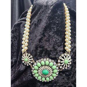 J. Crew Vintage Faux Pearl Teal & Jade Green Rhinestone Statement Necklace